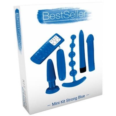 Caixa branca com kit de brinquedos sexuais azuis e texto BestSeller Mini Kit Strong Blue