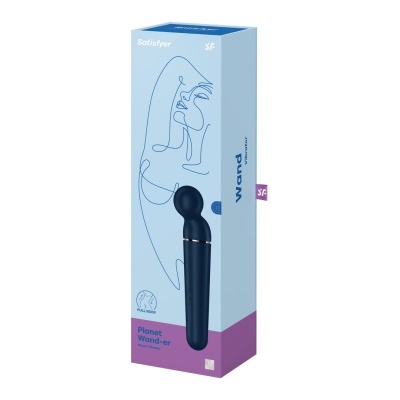 Embalagem azul clara com vibrador preto e texto Satisfyer Planet Wand-er
