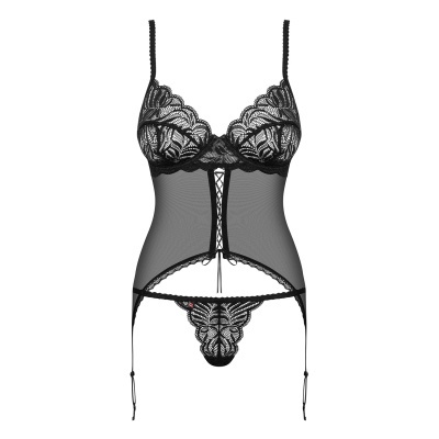 Conjunto de lingerie preta em renda com soutien, corpete e ligas