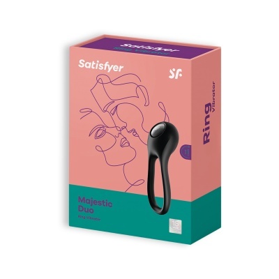 Embalagem do Satisfyer Majestic Duo Ring Vibrator com desenho artístico e produto preto à frente