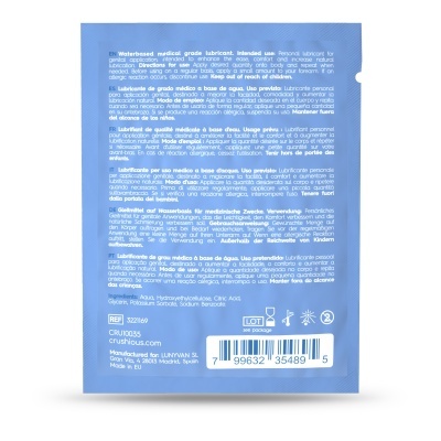 Embalagem azul de lubrificante médico com texto e código de barras