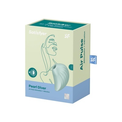 Embalagem do produto Satisfyer Pearl Diver azul claro com desenho de contorno de rosto