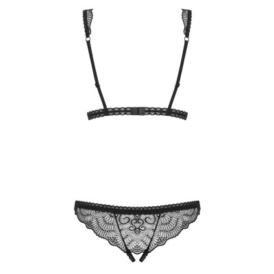 Conjunto lingerie preto em renda floral com sutiã e tanga.