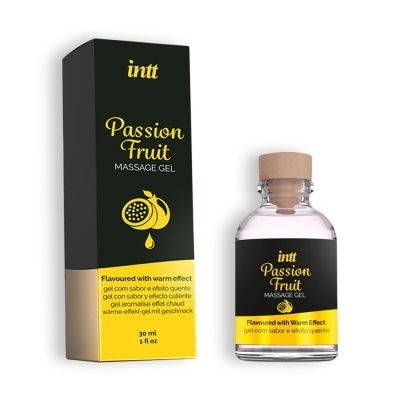 Frasco e caixa do gel de massagem Intt Passion Fruit com design preto e amarelo.