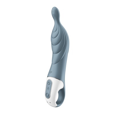 Vibrador cinzento com base branca e botões, fundo branco