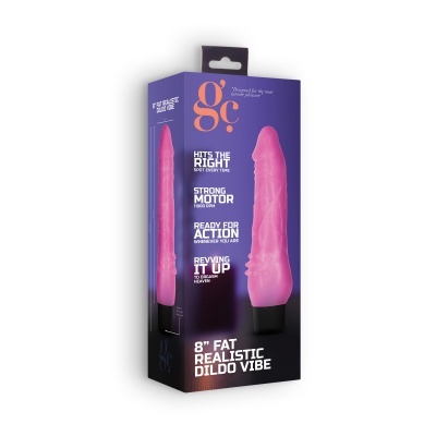 Embalagem azul com vibrador rosa realista de 8 polegadas com texto em branco e laranja