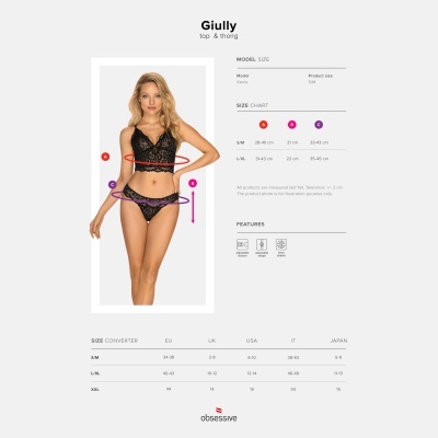 Conjunto de lingerie preta com renda e tabela de tamanhos