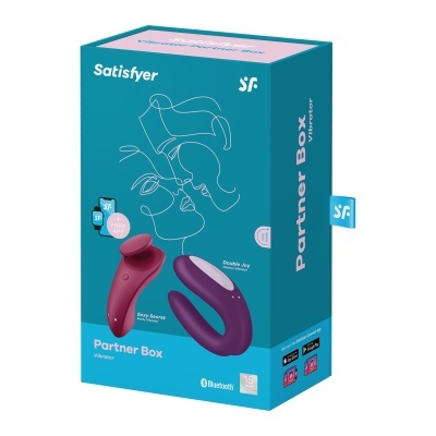 Caixa azul Satisfyer Partner Box com dois vibradores em vinho e roxo