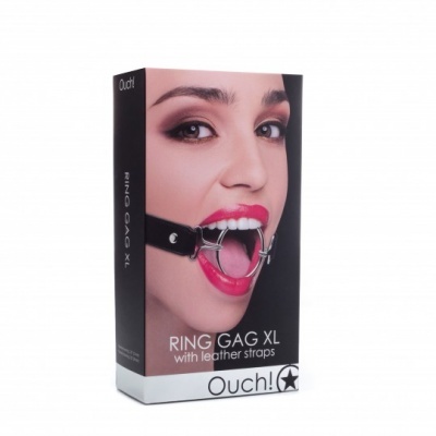 Embalagem de 'Ring Gag XL' com tiras de couro da marca Ouch!