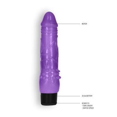 Vibrador roxo com textura e texto de instruções