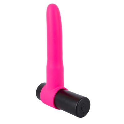 Vibrador rosa com base preta e superfície lisa