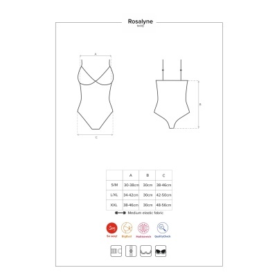 Desenho técnico do body Rosalyne com tabelas de medidas e símbolos de cuidados