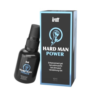 Frasco preto e caixa do gel estimulante Hard Man Power da marca intt