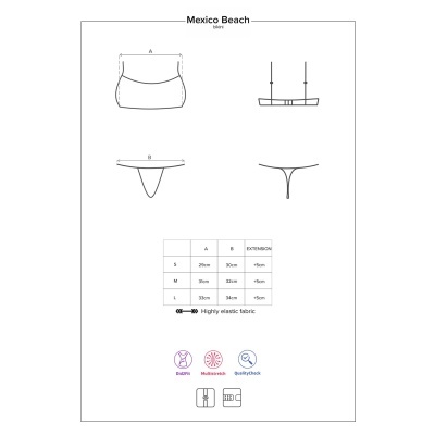 Desenho técnico de bikini 'Mexico Beach' com medidas e tabela de tamanhos