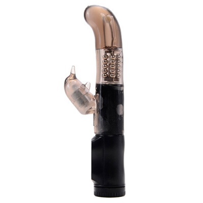 Vibrador translúcido castanho e preto com extensão lateral