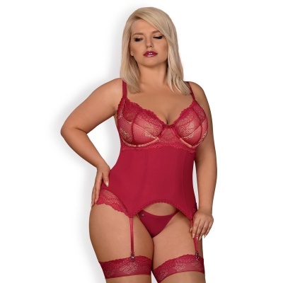 Conjunto de lingerie vermelho feminino com corpete, tanga e meias de renda