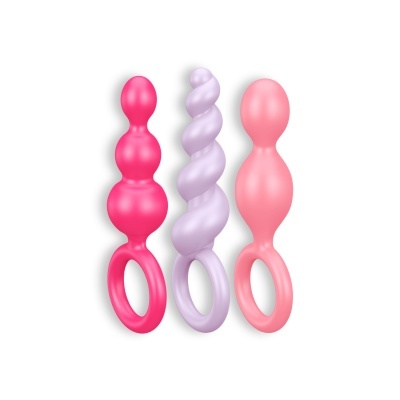Conjunto de três vibradores sexuais em silicone coloridos com anel na base