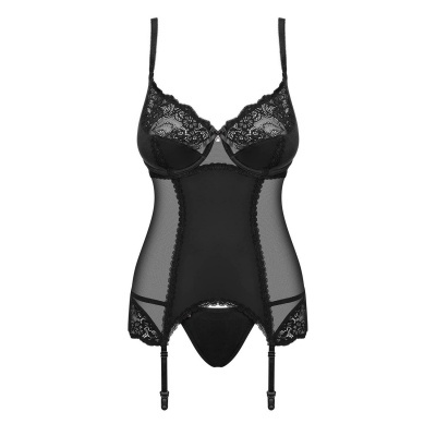 Corselet feminino preto em renda e tecido transparente com alças e suspensórios