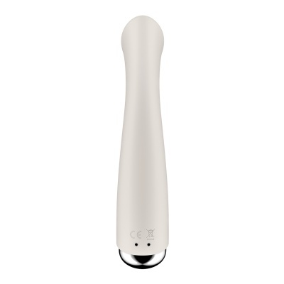 Vibrador branco com base prateada e símbolos CE e reciclagem na base