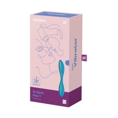 Embalagem de vibrador G-Spot Flex 1 azul em caixa rosa e roxa com ilustração de linhas de faces