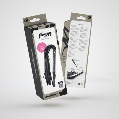 Caixa de flogger preto com tiras e cabo texturizado, embalagem com texto e selo cor-de-rosa