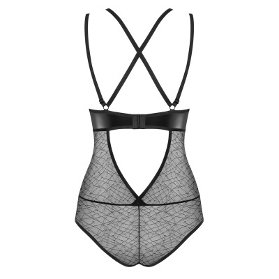 Body feminino preto em tule com padrão geométrico e tiras cruzadas