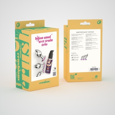 Conjunto de treino anal com três plugues metálicos e lubrificante em embalagem colorida