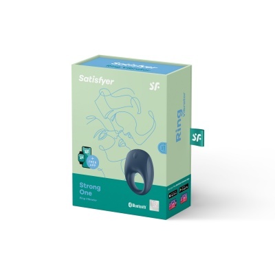 Embalagem do anel vibratório Satisfyer Strong One azul escuro com detalhes em verde-água