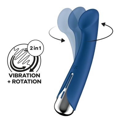 Vibrador azul com funções de vibração e rotação, fundo branco