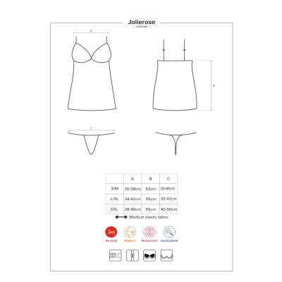 Esquema técnico de camisola e tanga da marca Jolierose com medidas e ícones de cuidados