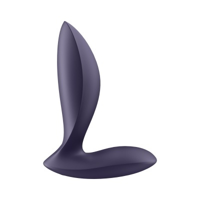 Produto de silicone roxo com formato anatómico curvo em fundo branco