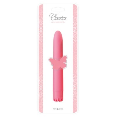 Vibrador rosa em embalagem branca e rosa com texto Classics