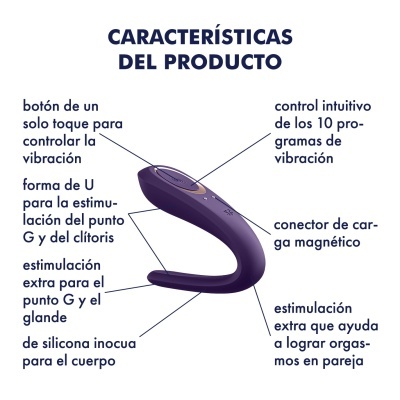 Produto roxo em forma de U com texto explicativo em espanhol