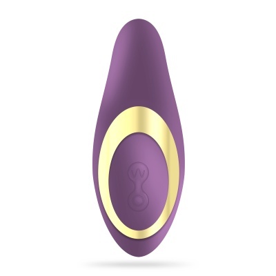 Vibrador roxo com detalhes dourados e controlo com símbolo