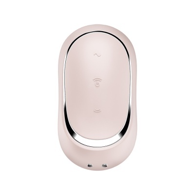 Dispositivo eletrónico rosa claro com símbolos e acabamento prateado sobre fundo branco