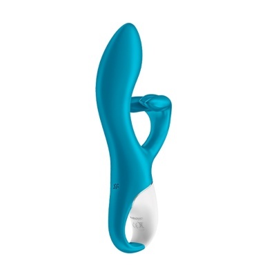 Vibrador azul e branco com design anatómico
