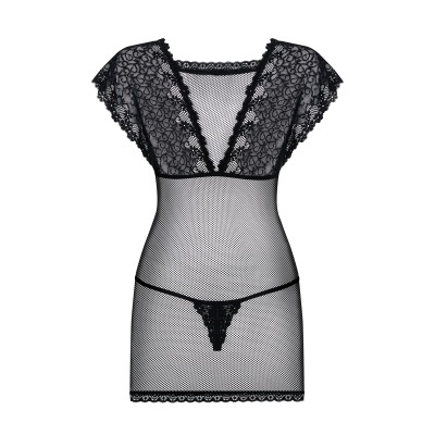 Vestido lingerie preto em renda e tule com decote em V e mangas curtas