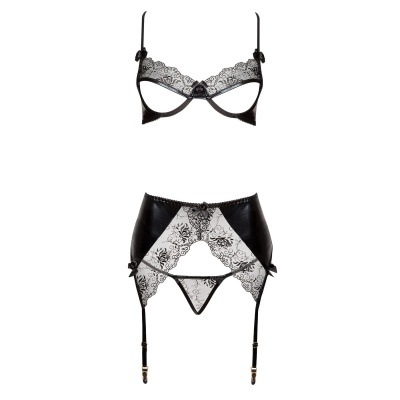 Conjunto de lingerie preto com renda floral e cinta-liga, sobre fundo branco.