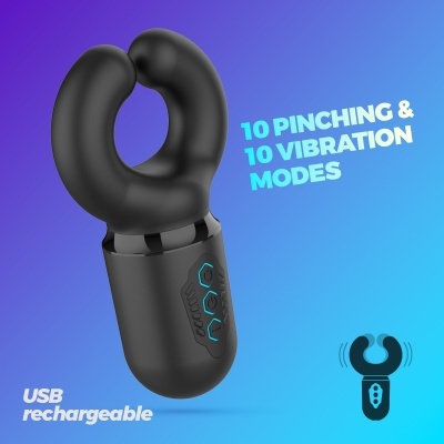 Dispositivo preto com botões hexagonais e texto sobre modos de pinçamento e vibração