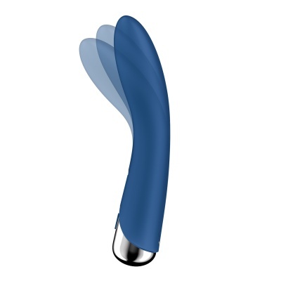 Vibrador azul de silicone com base prateada em fundo branco