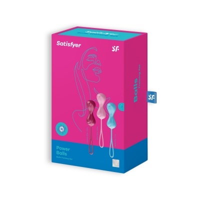 Embalagem Satisfyer Power Balls com bolas cor-de-rosa e azul em fundo rosa e azul