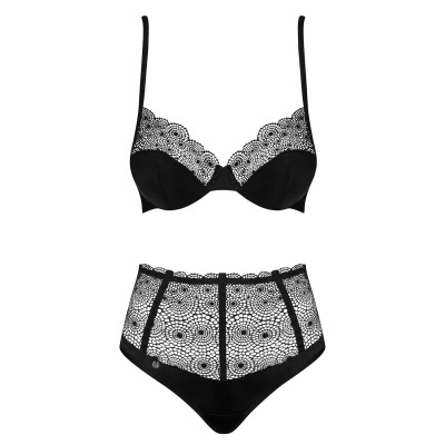 Conjunto de lingerie preta em renda e tecido liso com padrão circular
