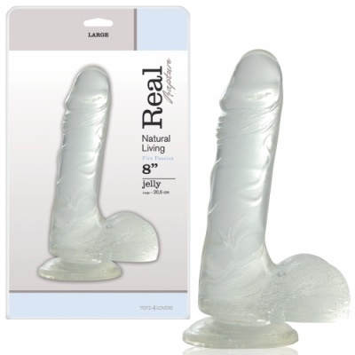Dildo transparente em gelatina com base arredondada e embalagem