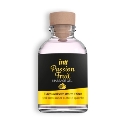 frasco de vidro com gel para massagem sabor passion fruit