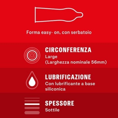 Ilustração de preservativo branco sobre fundo vermelho com texto em italiano sobre características.