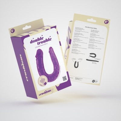 Caixa de dildo duplo roxo com textos em inglês e embalagem roxa e branca
