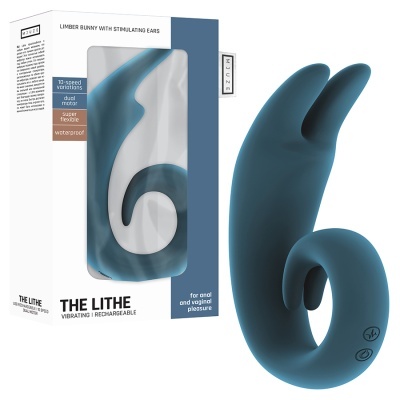 Vibrador azul escuro com formato de coelho e embalagem com informações do produto
