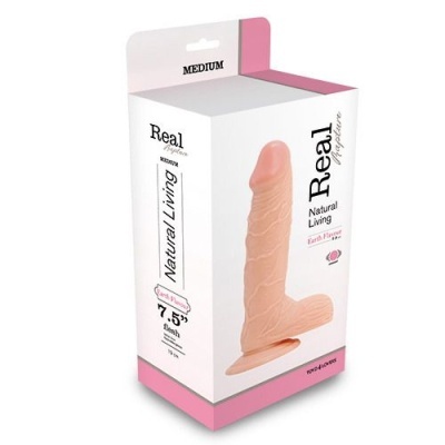 Vibrador realístico cor pele em embalagem branca e rosa com texto e imagem do produto.
