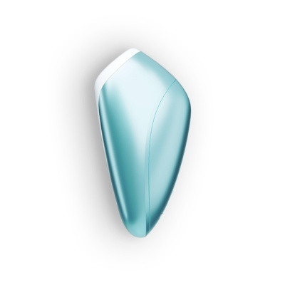 Dispositivo eletrônico azul claro com acabamento branco no topo, fundo branco