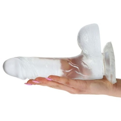 Dildo transparente e branco com base de ventosa na mão